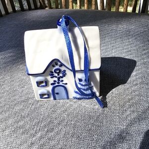 Ceramic House Ornament with Blue Accents
